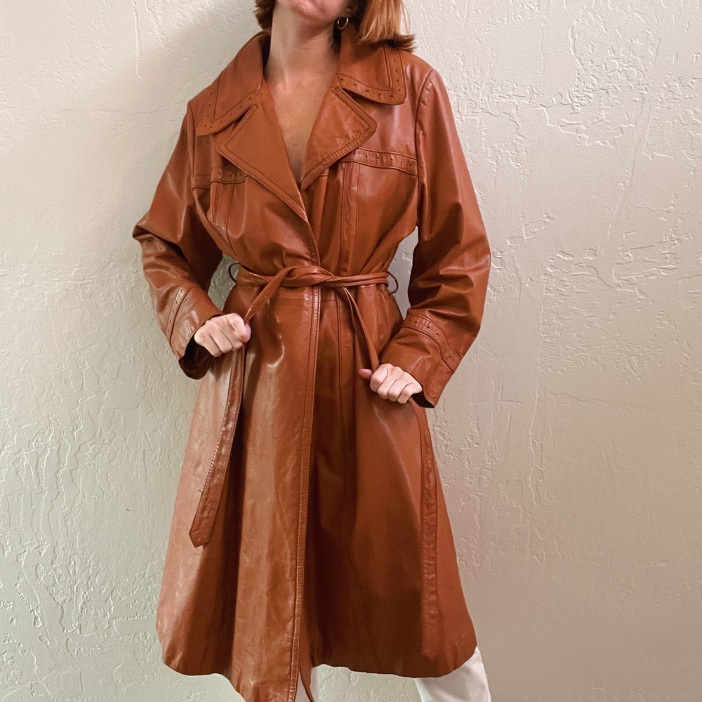 Vintage 1970's Brown 100% Leather Trench Coat